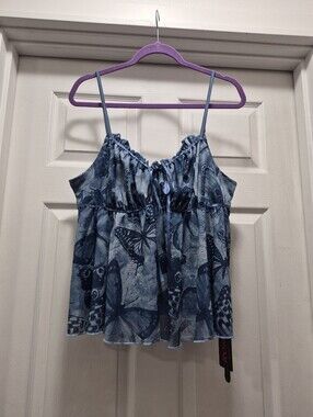 ROMWE Blue Butterfly Print Ruched Spaghetti Strap Camisole